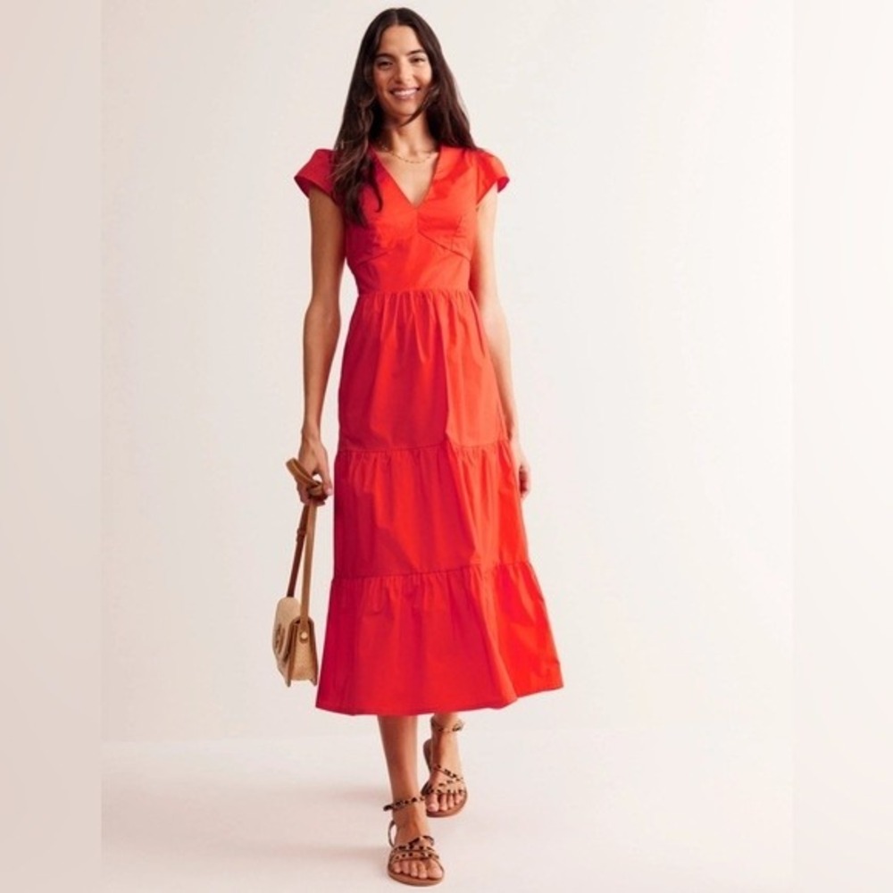 Boden Tiered Midi Dress Womens 16-18R Red Cotton Smocked Back V-Neck D0934